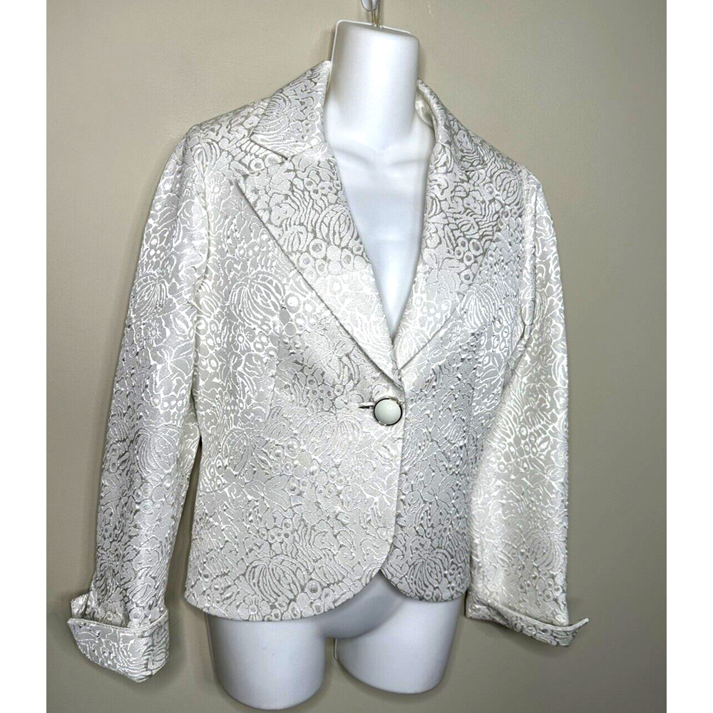 Frascara Metallic Silver White Embossed Floral Jacket Blazer‎ Wedding~ 12~